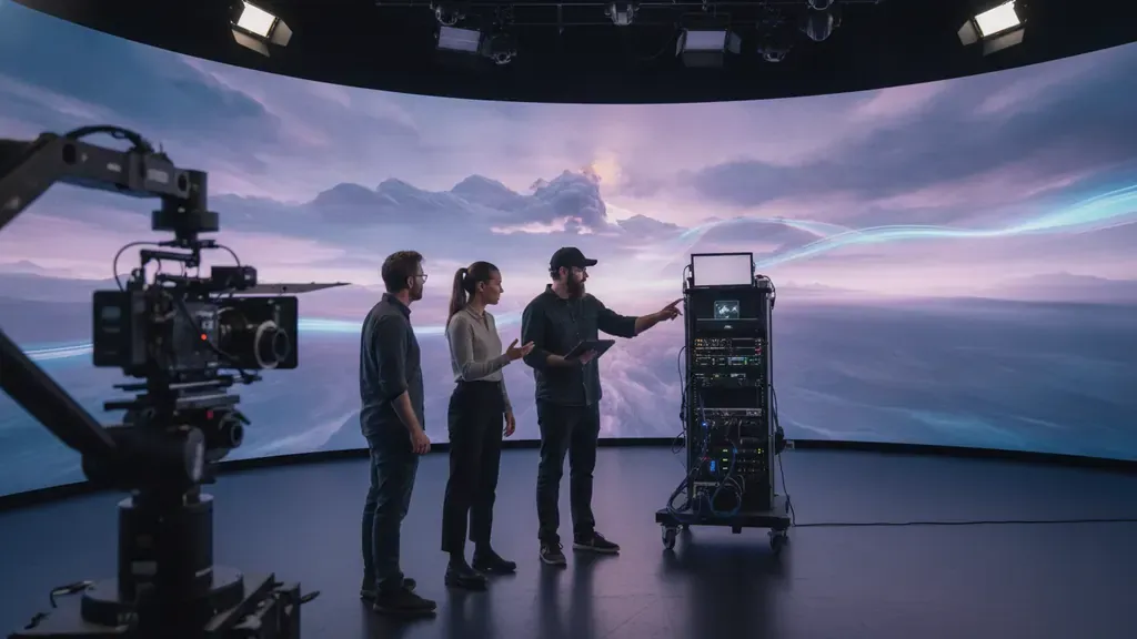 Virtual production cost planning on an LED stage with a camera tracking rig and production team