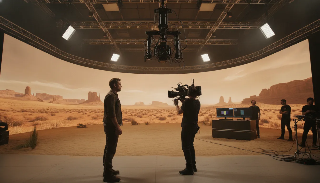 Virtual production vs green screen decision guide showing a film crew on an LED volume