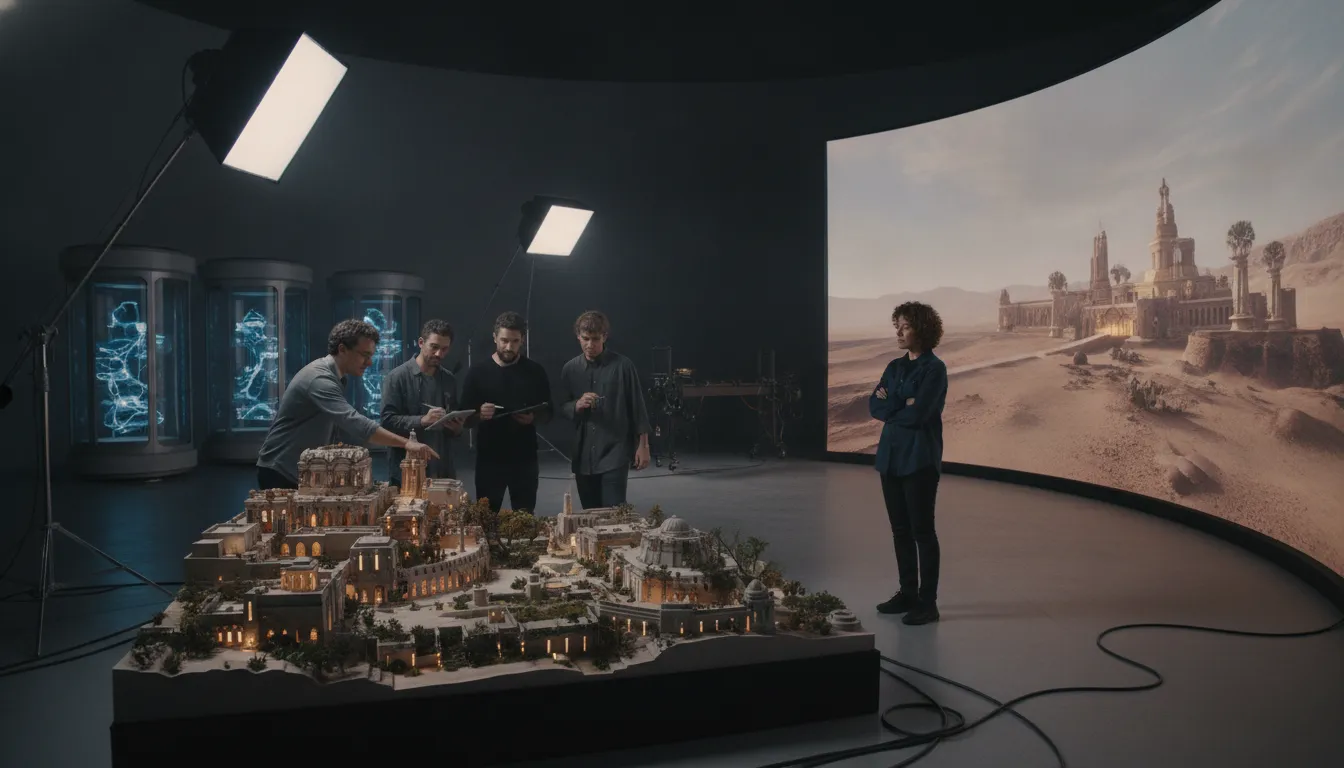 Virtual production team planning reusable digital world assets for an IP
