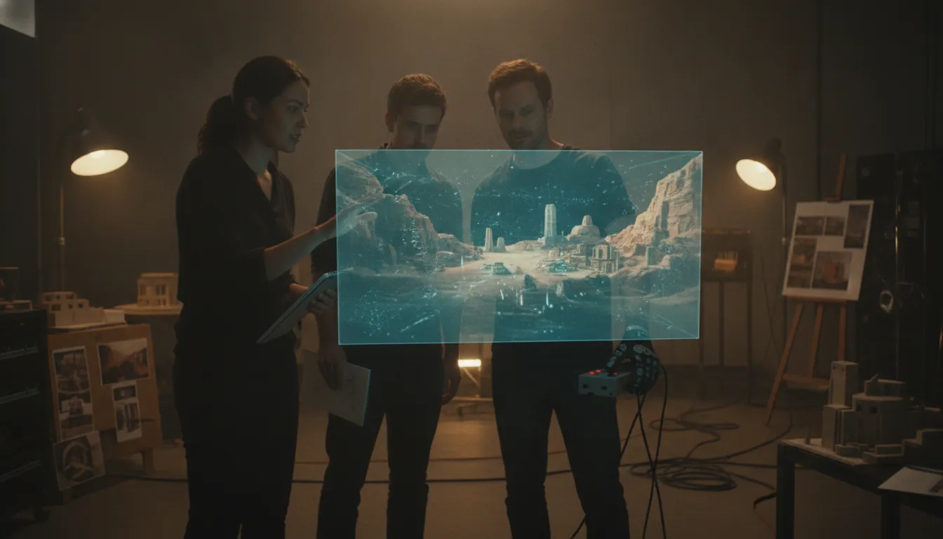 Virtual production team collaborating around a digital world
