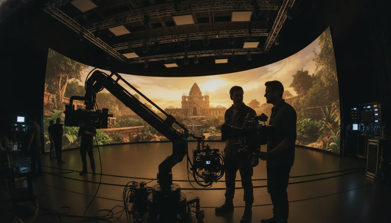 Cinematographer framing an LED volume scene with interactive lighting