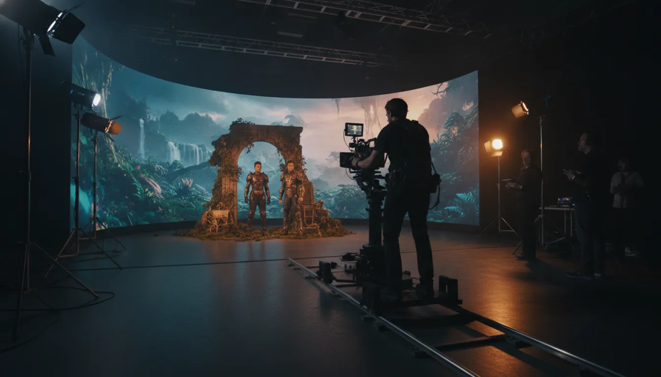 Virtual production partner reviewing a real-time LED stage environment with the creative team