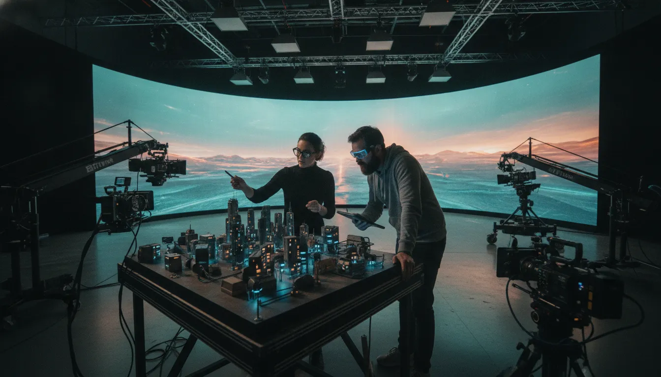 Production team planning a hybrid LED volume shoot with practical set elements