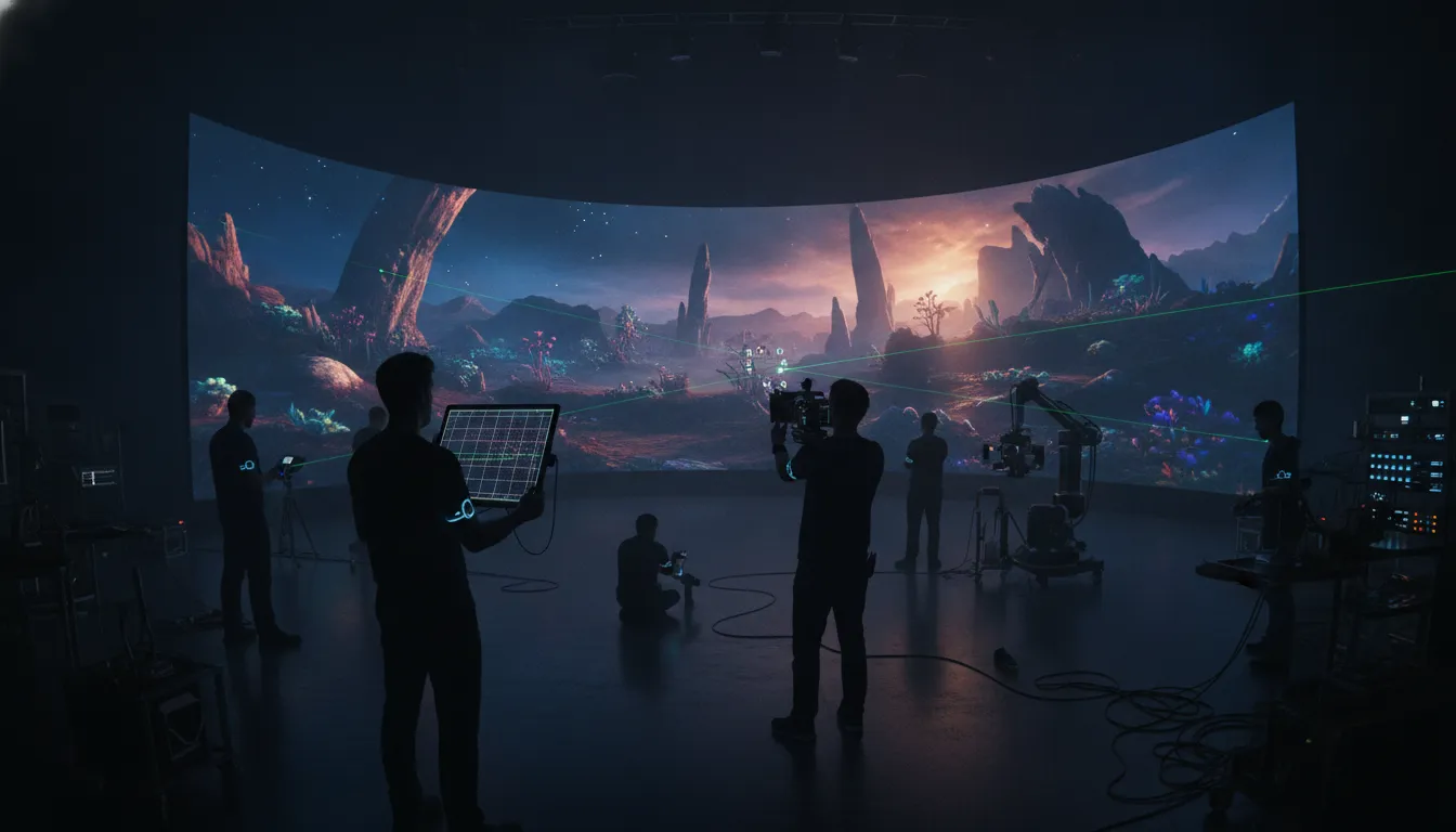 Creators reviewing real-time virtual production imagery on an LED stage