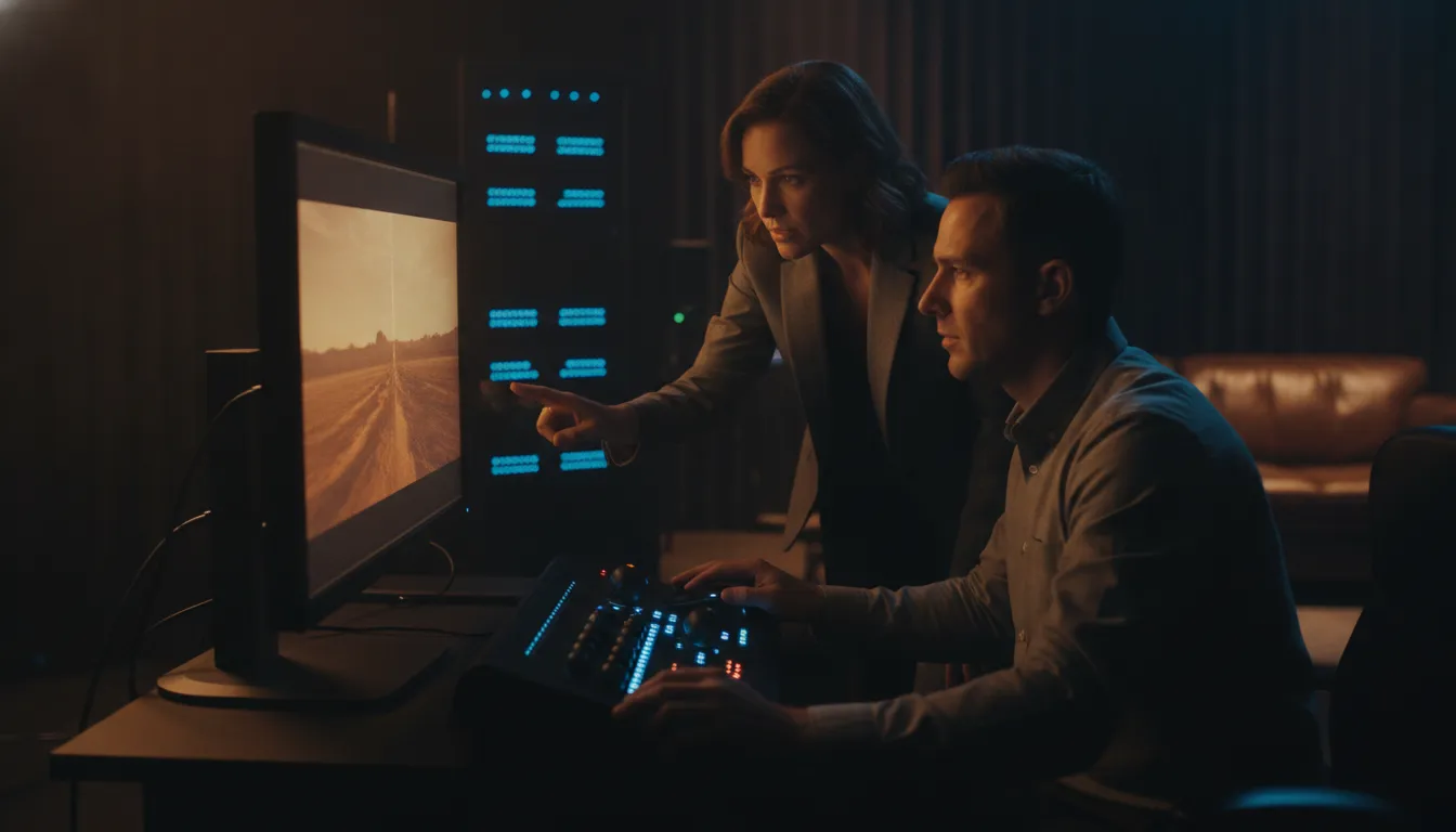 Film post production services team reviewing a cinematic frame