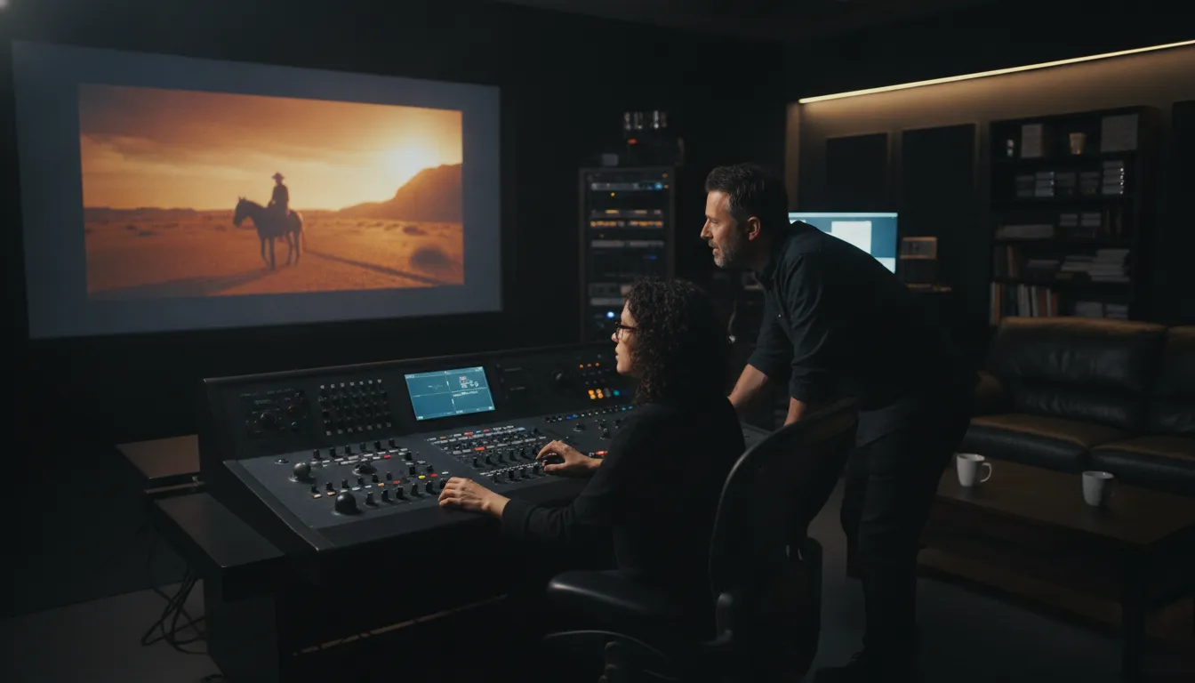 Colorist reviewing a cinematic frame in a professional finishing suite