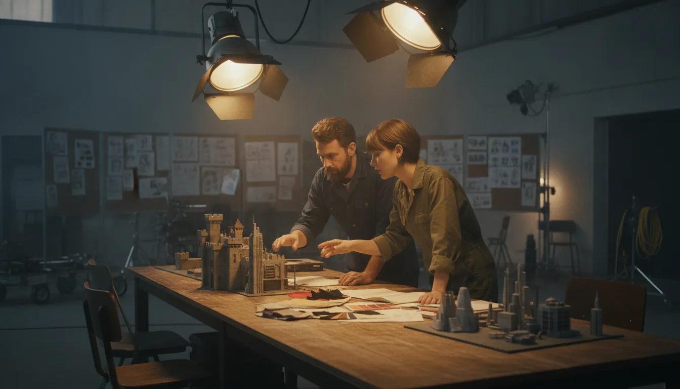 Film director and production designer reviewing a miniature set concept