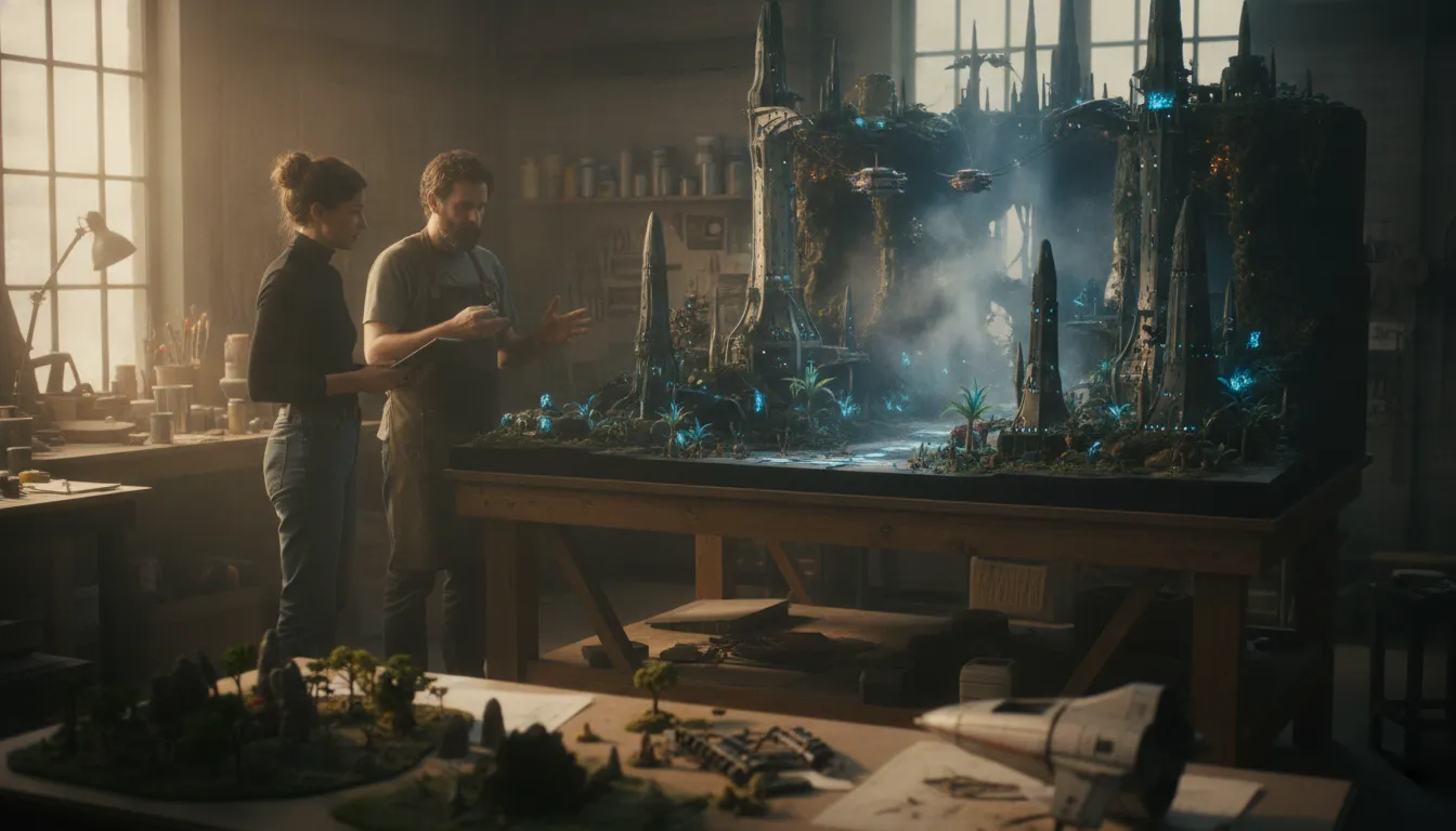 Film production designer and director shaping a set concept during pre-production