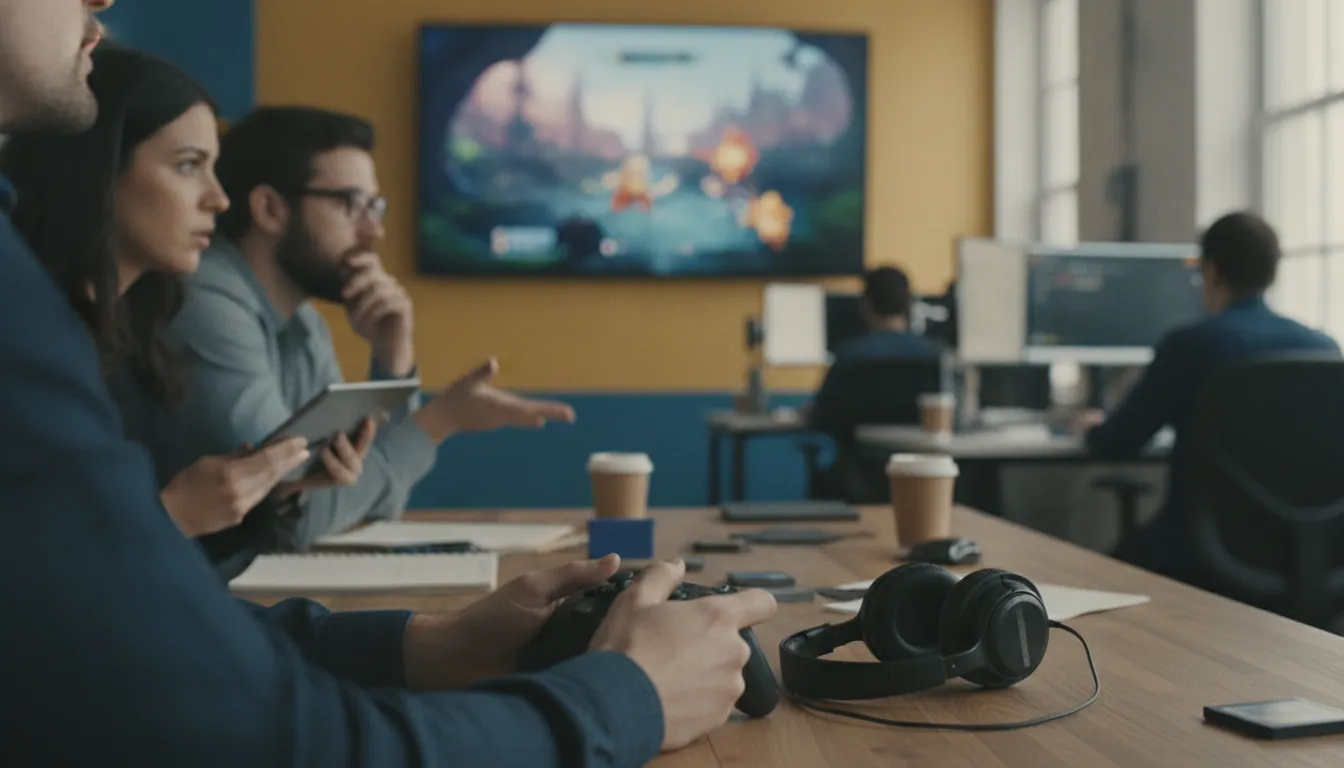 Game QA tester checking gameplay with a development team