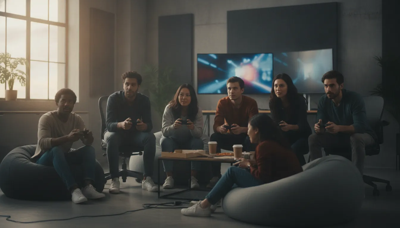 Game team playtesting a multiplayer release together