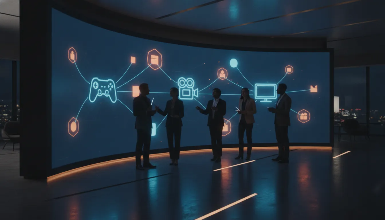 Entertainment franchise risk management team planning connected game film and television worlds