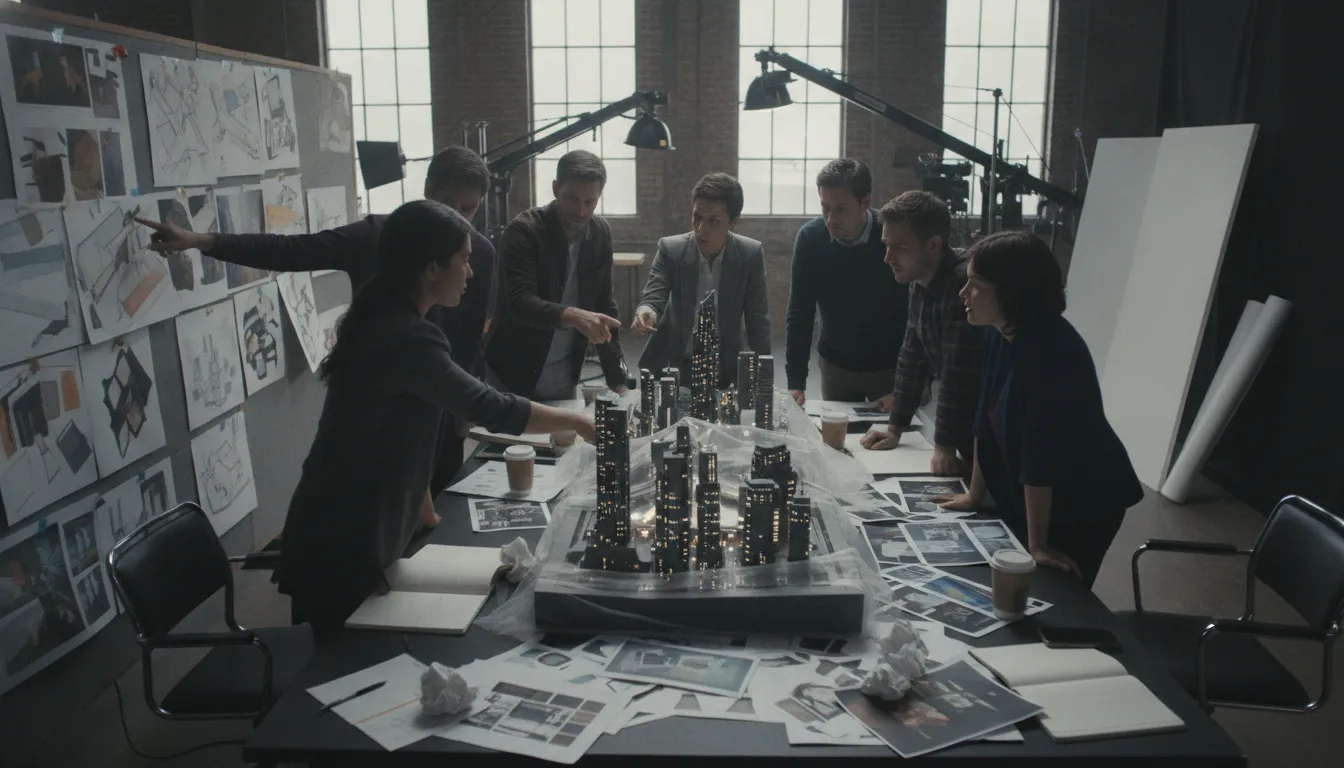 Film production team reviewing an IP governance plan across creative and technical departments