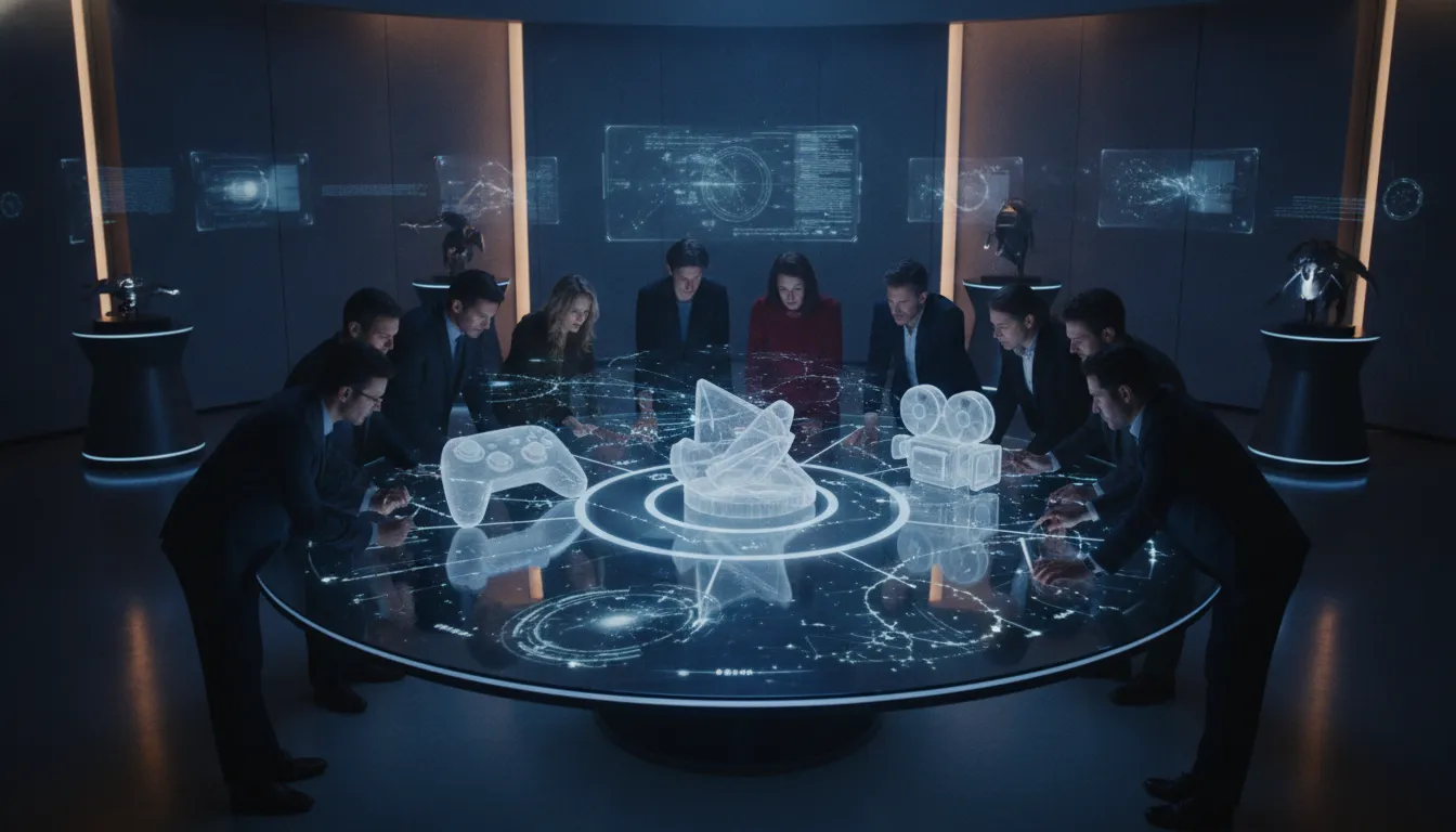 Transmedia franchise strategy team planning an interconnected entertainment world
