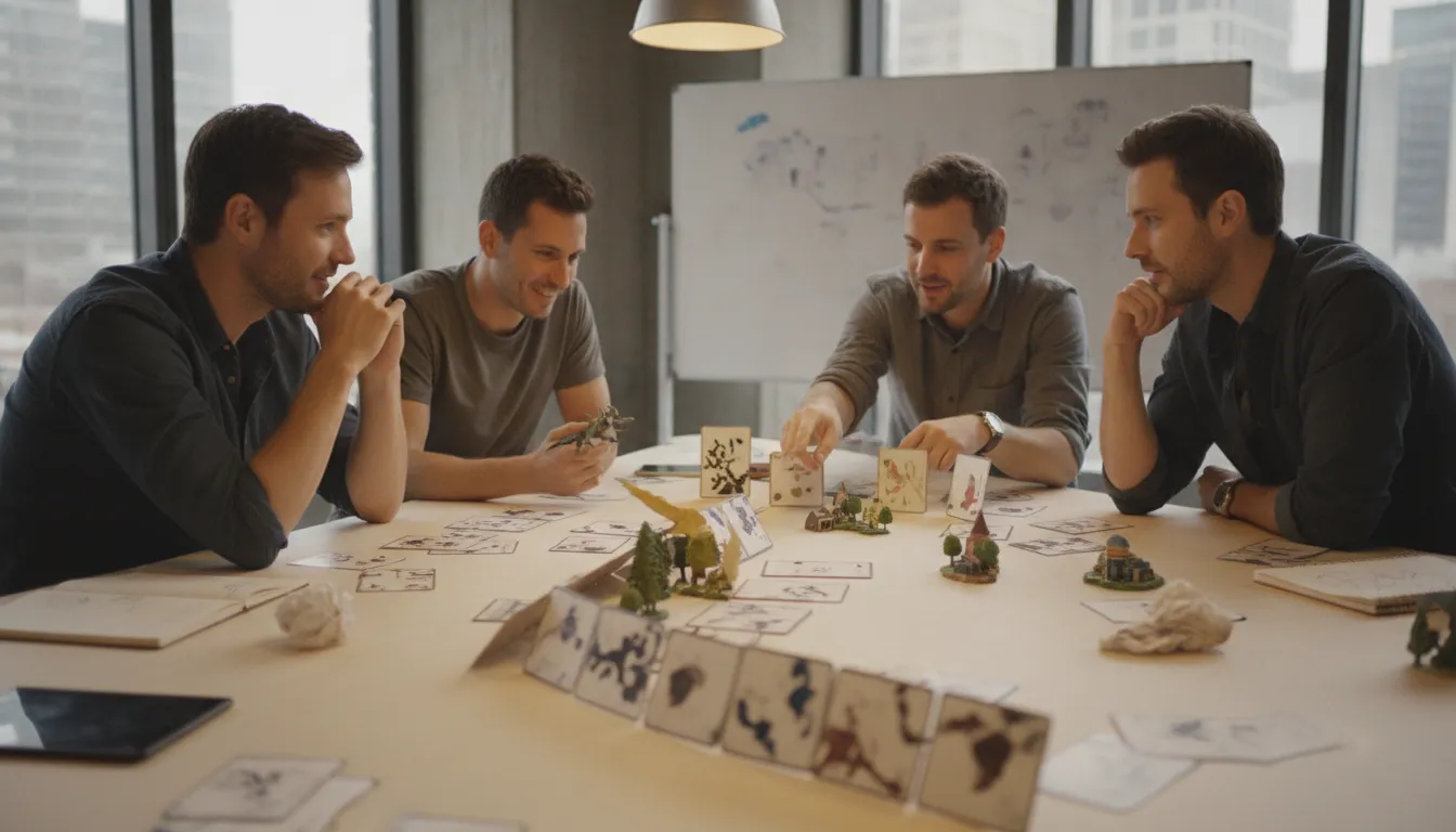 Creative team collaborating on transmedia franchise governance