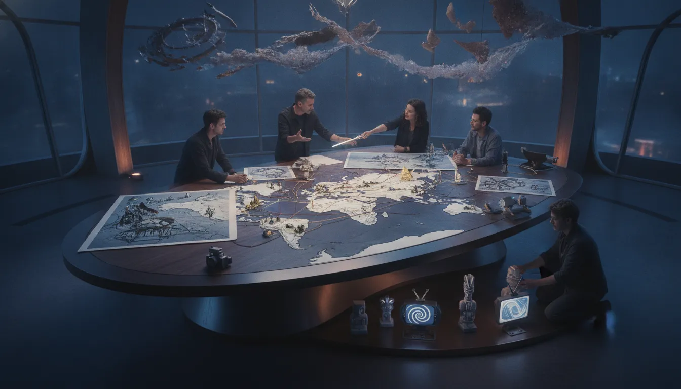 Transmedia IP development team mapping a connected storyworld