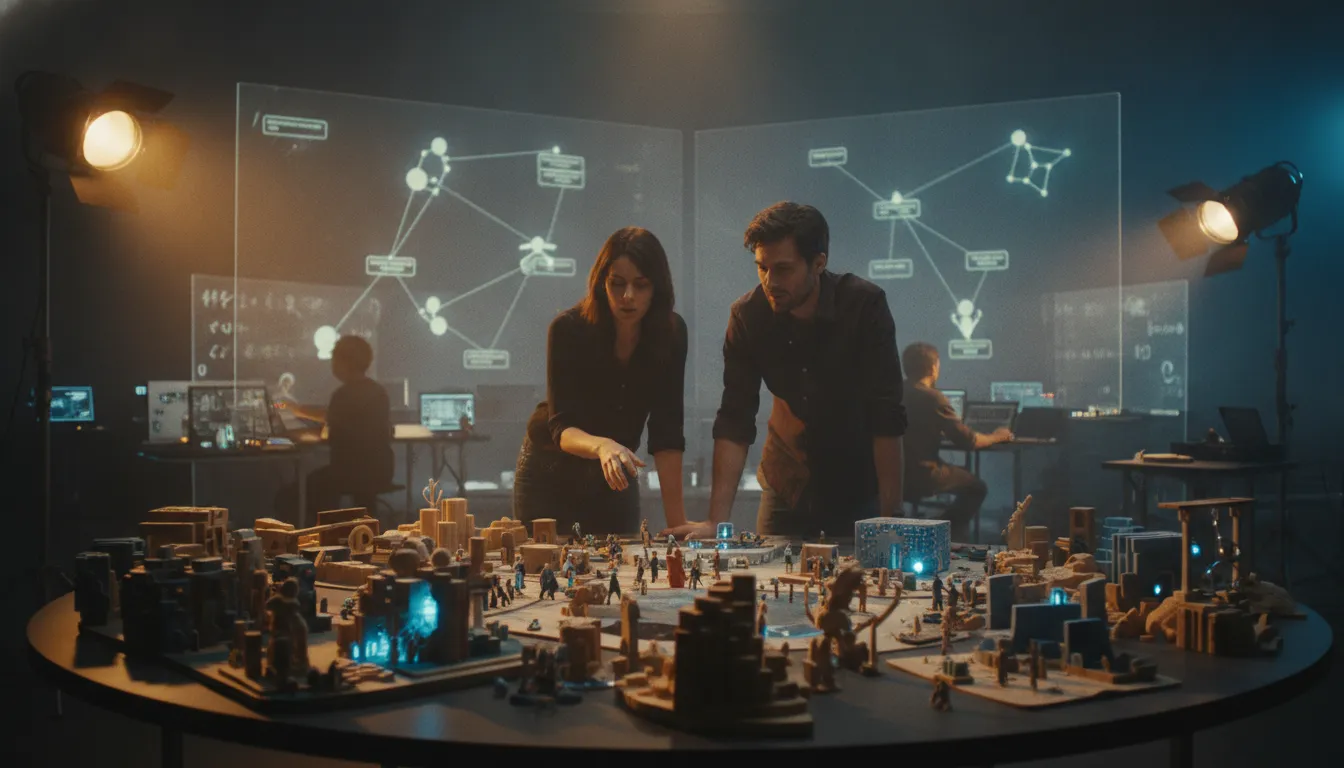 Creative team designing an interconnected entertainment story world