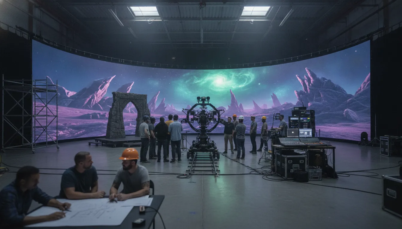 Virtual production studio setup with an LED stage, tracked camera, and production crew
