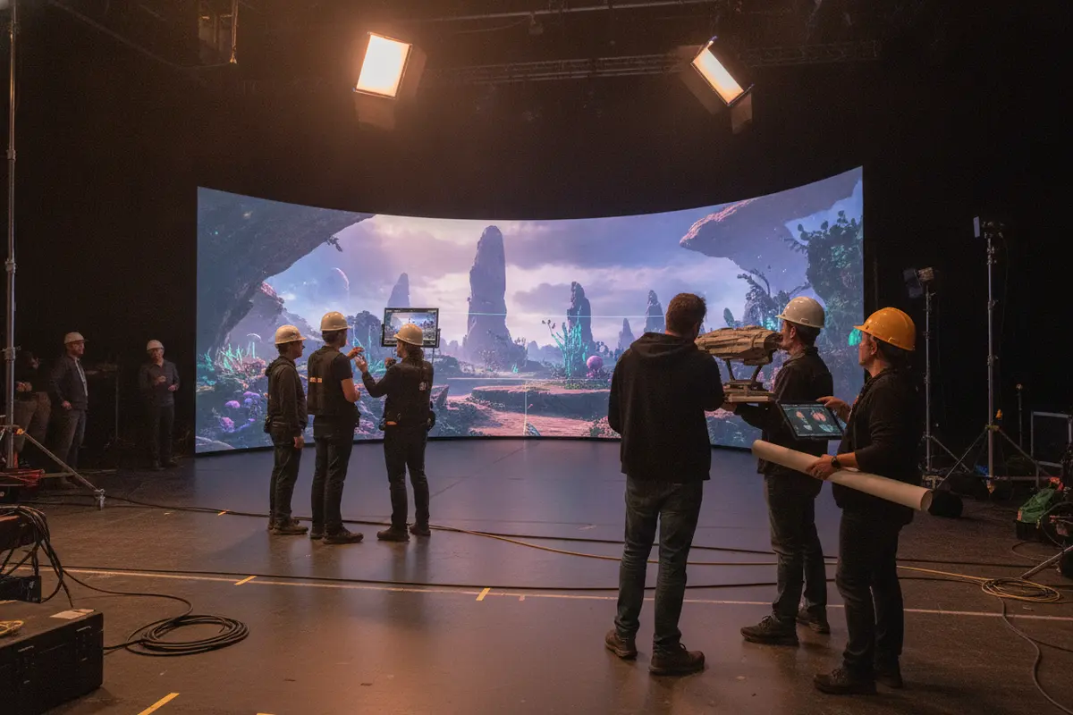 Film crew planning virtual production costs on an LED stage