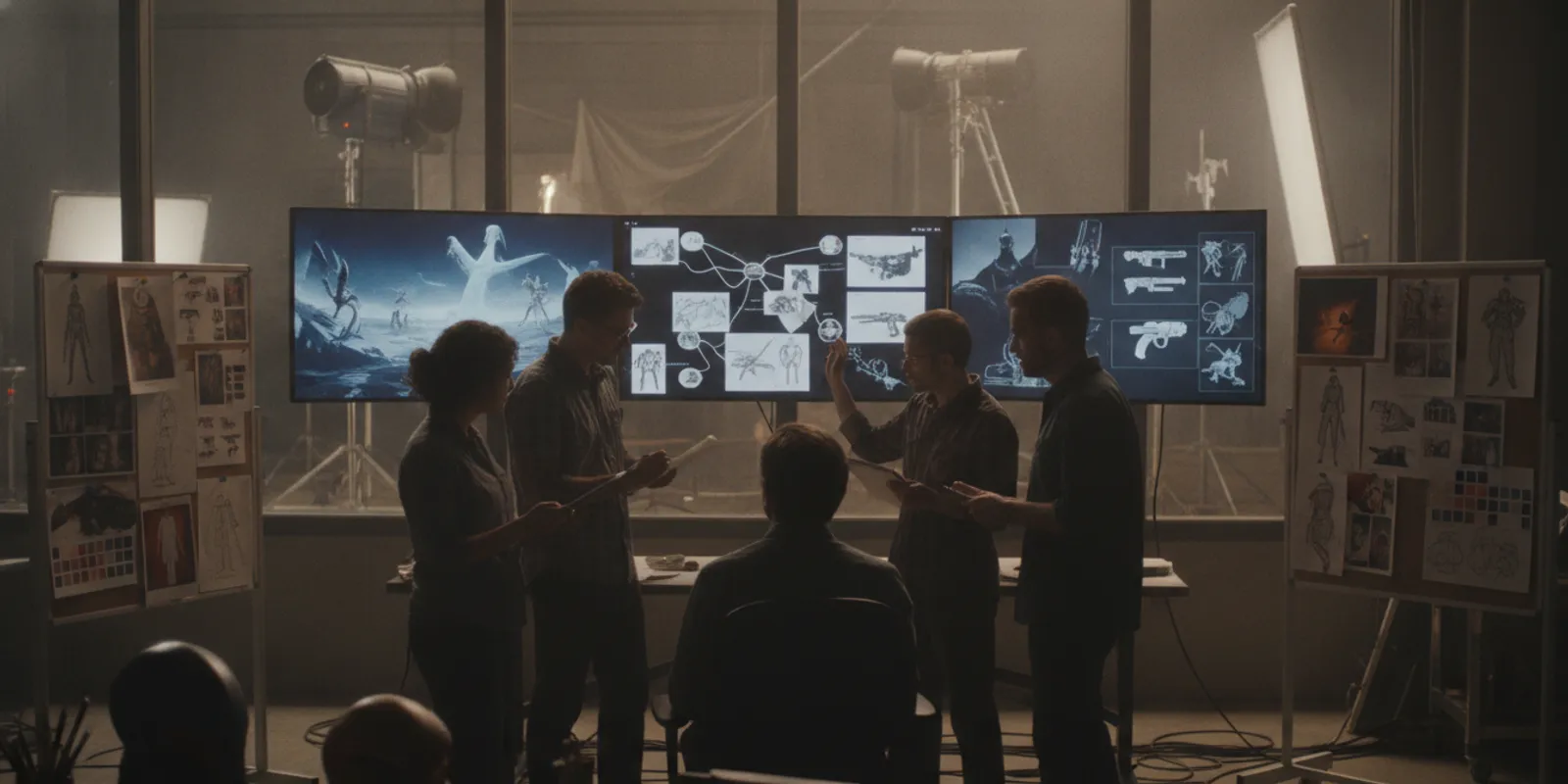 Film production asset management team reviewing organized digital and physical production assets