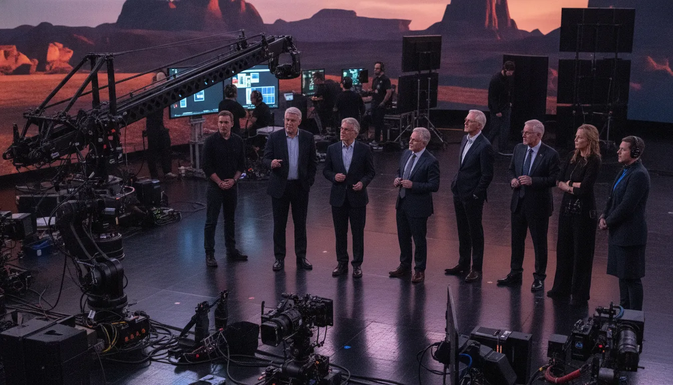 Film production risk management stage gate review with executives and a virtual production crew