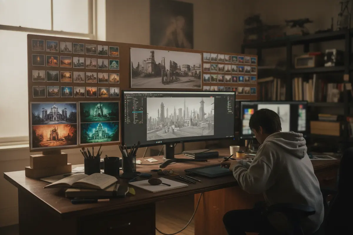 Visual development for film mood and environment directions compared before a production design decision