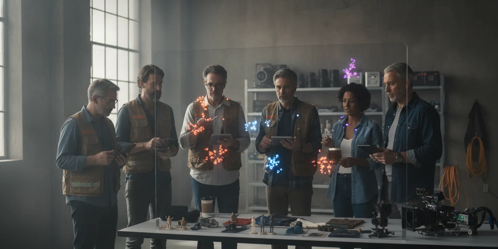 Film production project management team reviewing a multi-format production plan on a studio screen