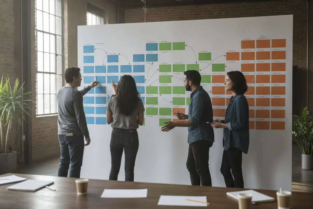 Film production project management team mapping creative approvals and dependencies across film, television, and game workstreams