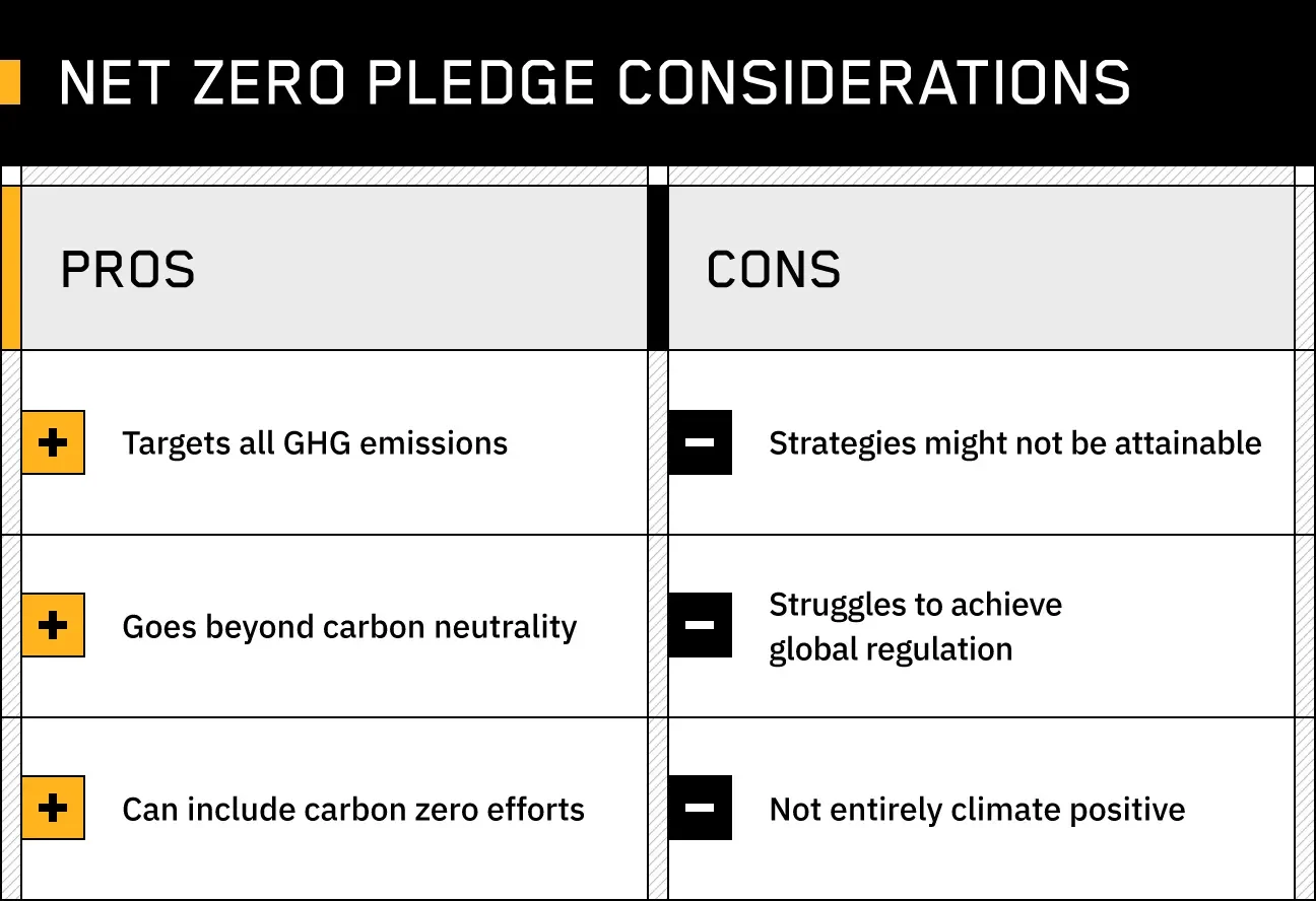 An image showcases the pros and cons of net zero pledges in the context of carbon neutral vs. net zero emission reduction goals.