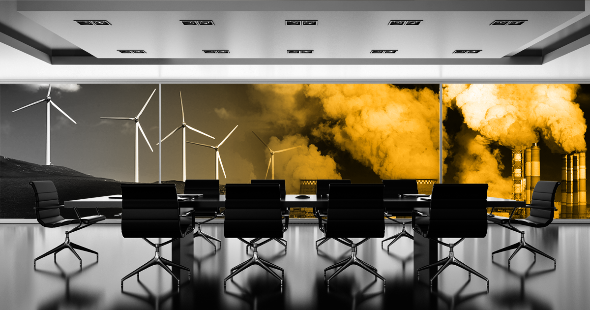 An empty conference room with a background filled with windmill to the left and industrial emissions to the right