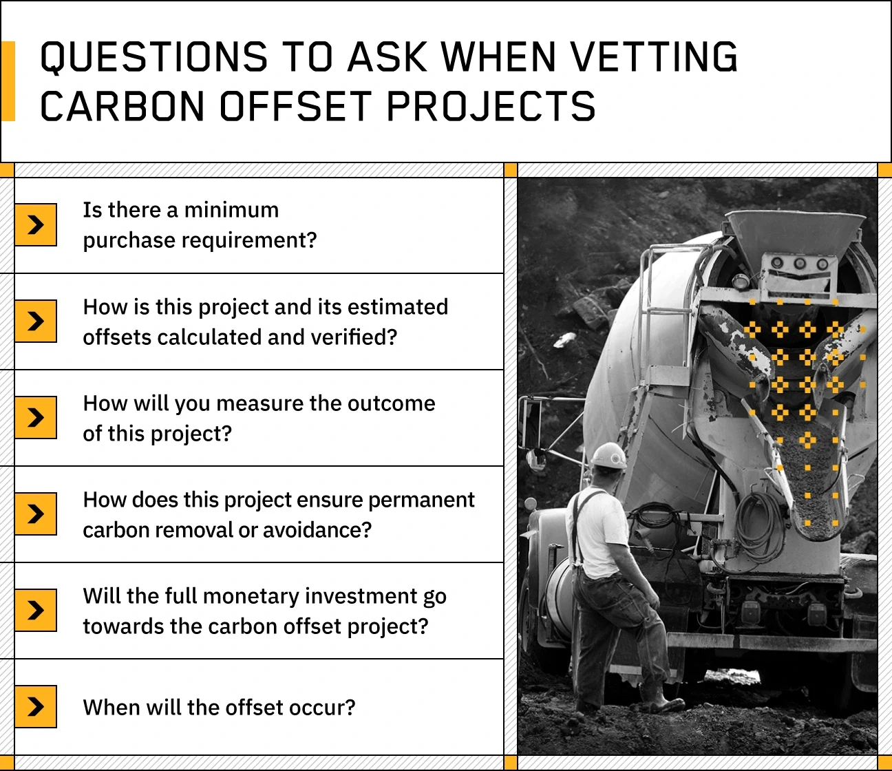 copy on the left summarizing questions to ask when vetting carbon offset projects with a black and white photo on the right of a contractor pouring cement