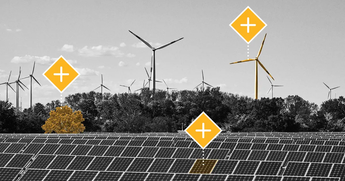 A photo collage of wind turbines behind solar panels with decorative yellow diamond shaped tags with plus signs inside them coming off of the turbines and solar panels.