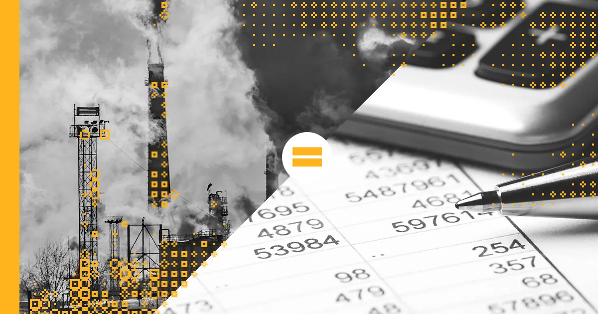 juxtaposition between power plants releasing emissions and financial analysis and calculations