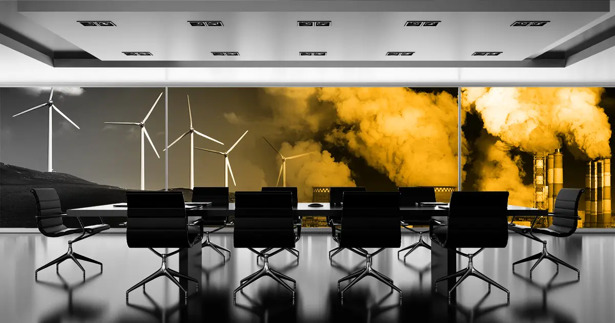 An image collage of a corporate boardroom with windows overlooking a blended image of wind turbines and factory smoke stacks.