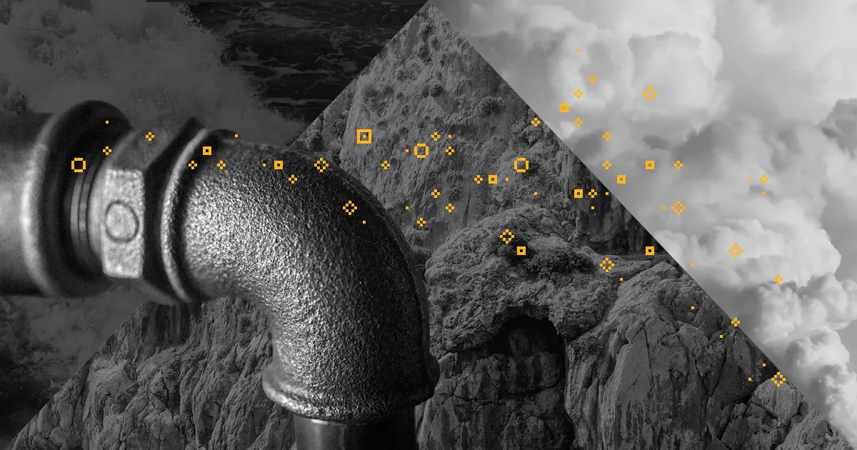 A photo collage of earth, wind, and water in the background and a iron pipe coming in the from left and turning 90 degrees to the bottom of the image. Decorative yellow pixel glyphs are covering the middle of the image.