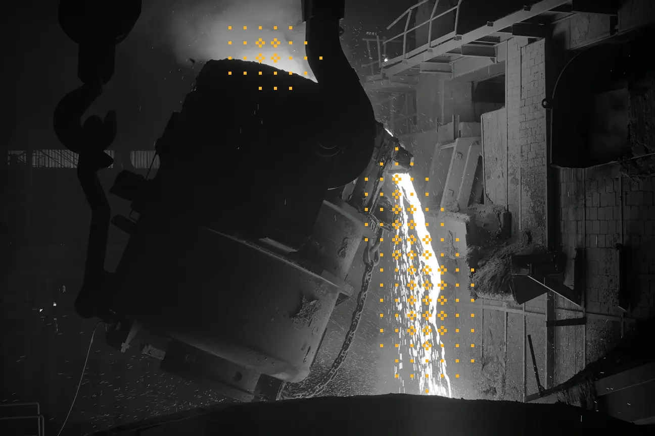 black and white photo of steel production in a factory with yellow decorative glyphs over the molten steel