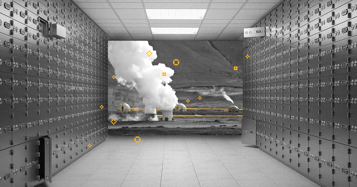 A photo collage of a bank vault with lock boxes on the left and right of the room and the back of the room has been replaced with a view onto a hydrothermal power station.