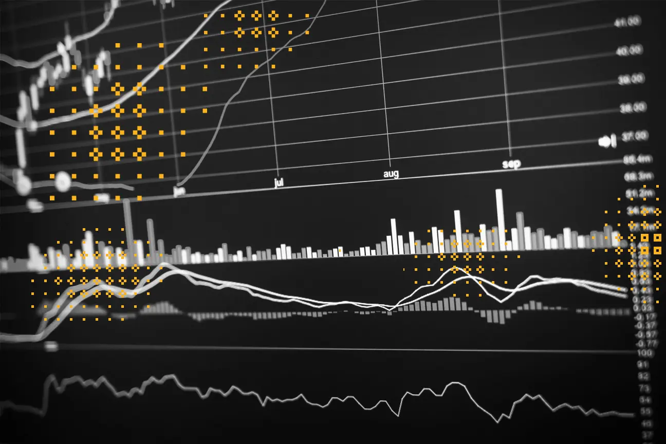 Finanzgrafiken und Diagramme mit gelben Glyphen, die die finanzierten Emissionen darstellen