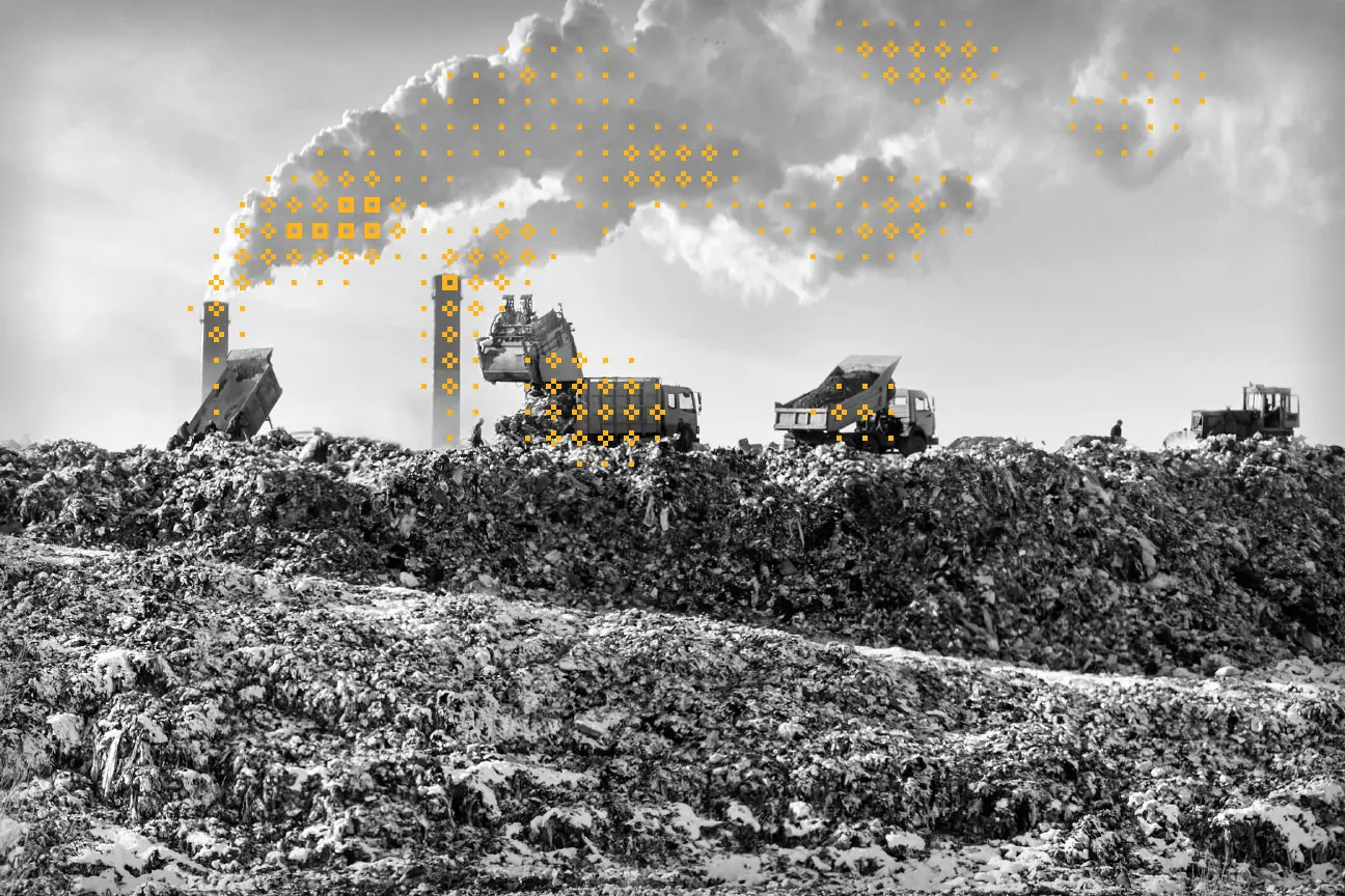 trucks moving trash in a landfill shown in fully black and white colors with yellow decorative glyphs highlighting smoke stacks and trucks