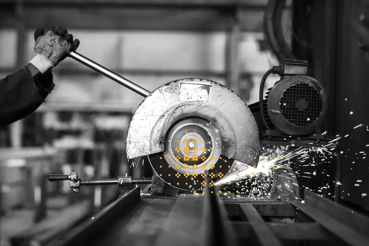 black and white photo close-up on steel-cutting machine