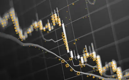 Financial graph with a trendline trending downwards filled with yellow glyphs representing financed emissions