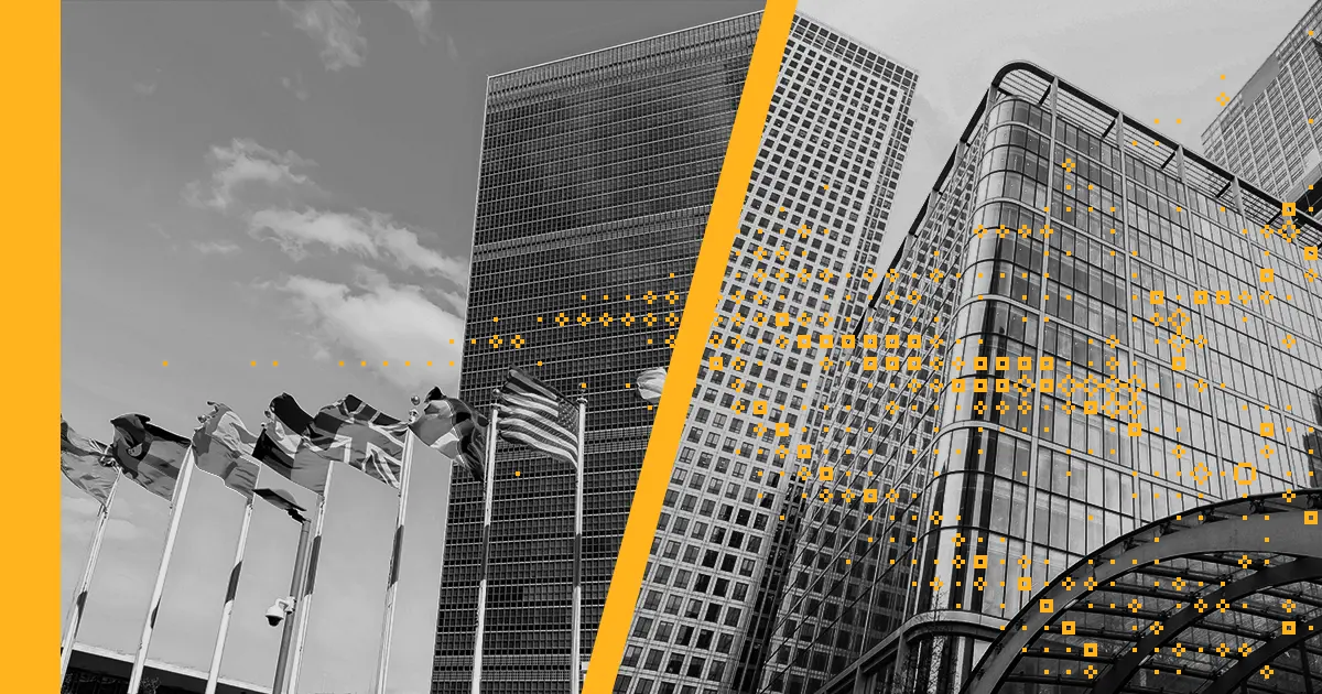 black and white image of city buildings with trending yellow glyphs representing the flow of sustainable investing