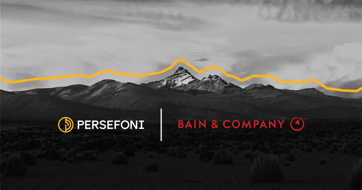 black and white side view of mountain landscape with Persefoni and Bain & Company lettermarks