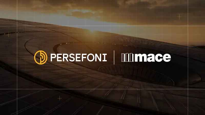 Mace and Persefoni logos with a sunrise background