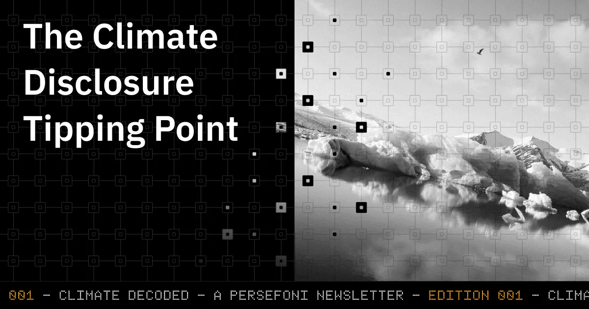 An image split into two parts. The left section has the text "The Climate Disclosure Tipping Point" and the right has an image of melting oceanic ice sheets tilted at 45 degrees to the right.