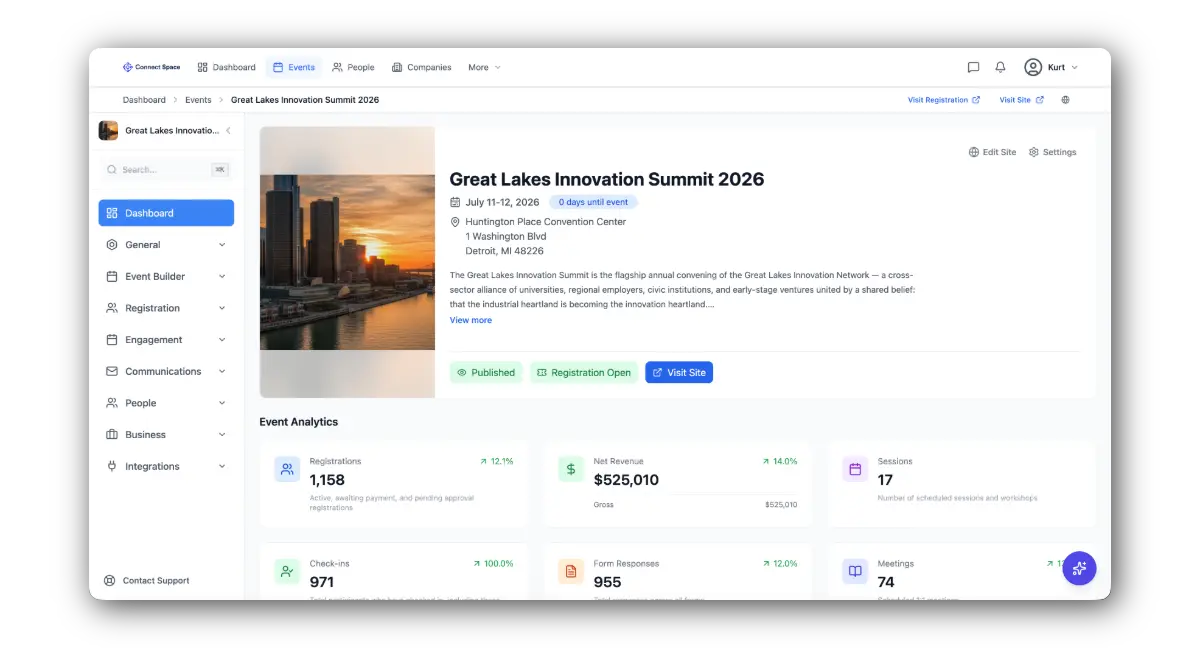 Connect Space event dashboard with live registration, revenue, and check-in stats