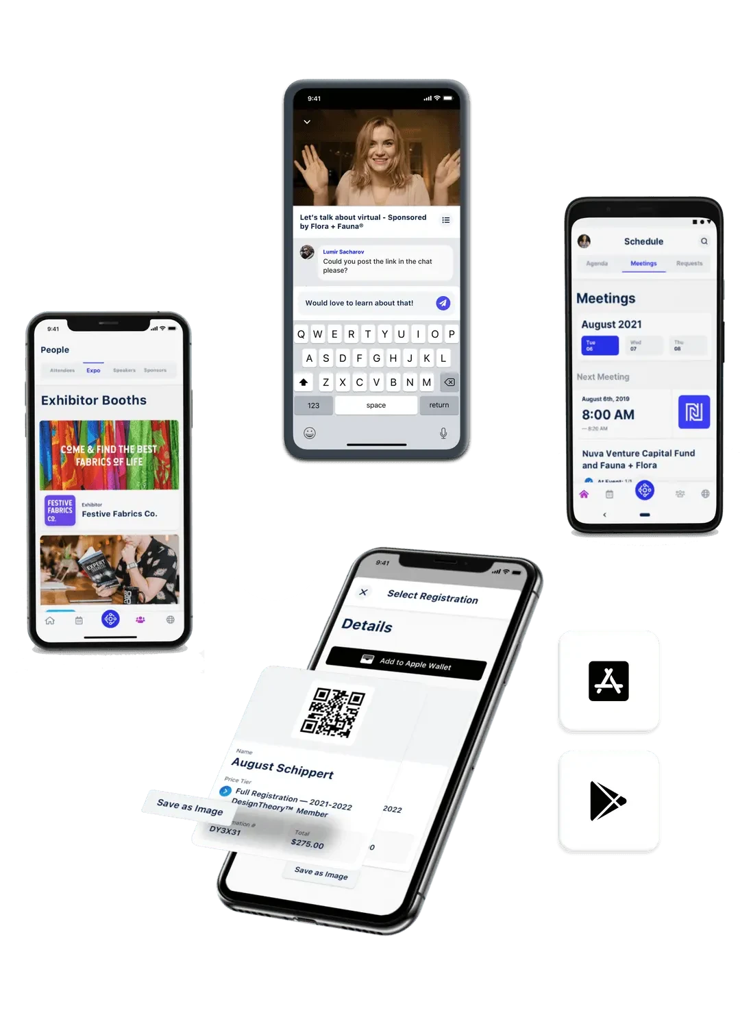 Event app screens showing exhibitor booths, live session chat, a meeting schedule, and a registration pass with a QR code