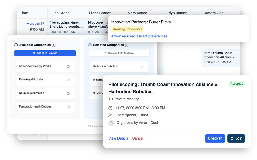 Matchmaking on Connect Space: a meetings matrix showing a full day of buyer and supplier meetings with readable schedules, a buyer's pick list of companies, a preferences reminder, and an accepted one-on-one meeting with check-in and join actions