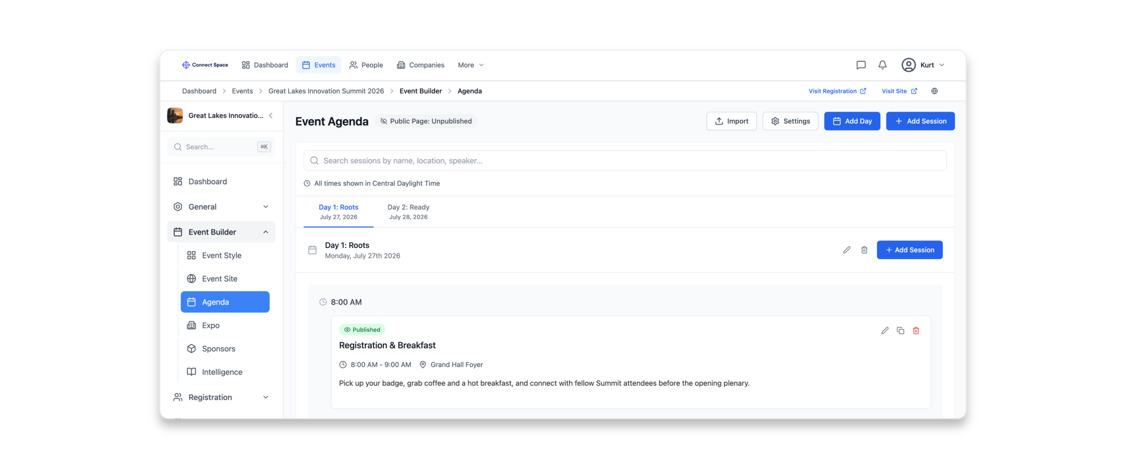 Connect Space planner on the Event Agenda page of a two-day summit, with sidebar sections for registration, sponsors, and the live event site