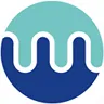 Company logo featuring a white wave in a blue circle