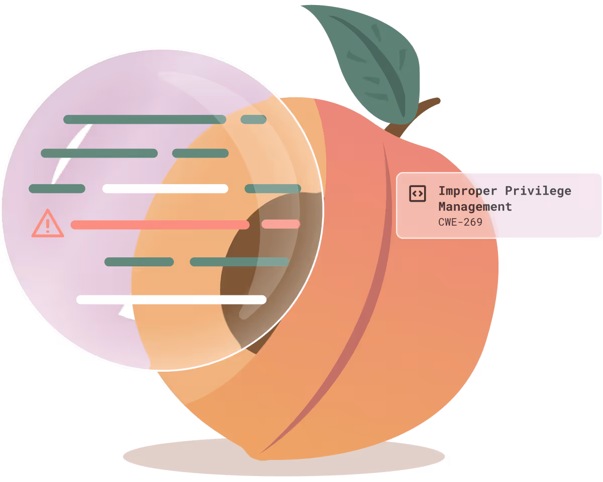 Illustration of a peach revealing code with an improper privilege management finding, CWE-269